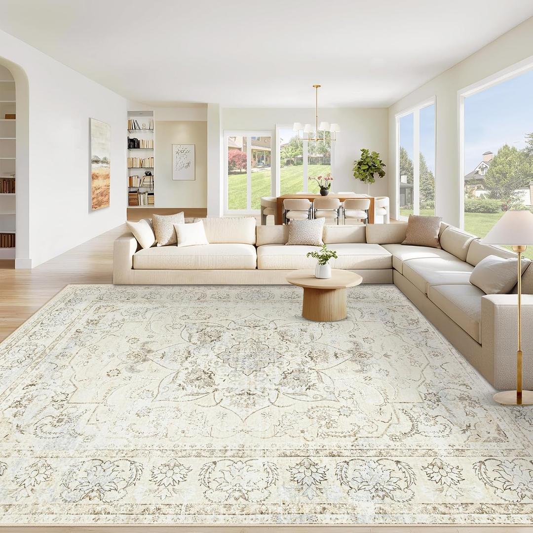 Area Rug 9x12 Washable Rug, Vintage Boho Medallion Rugs Non-Slip Soft Low Pile Large Distressed Rug Indoor Retro Carpet for Living Room Bedroom Dining Room Home Office(Cream/Light Blue, 9'x12')