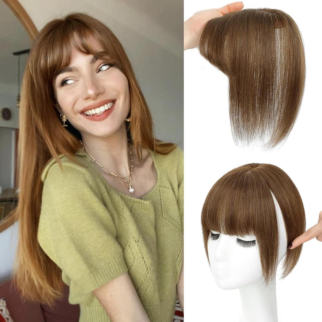 NAYOO Hair Toppers for Women Real Human Hair, 360 Cover Clips in Full Fringe Fake Bangs Hair Pieces for Women Girls Daily Wear(Light Brown) (3D Wispy Bangs)