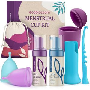 Ecoblossom Complete Menstrual Cup Kit - Small & Large Reusable Period Cups, Silicone Sterilizer Holder, Cleansing Wash, Water-Based Lube, and Easy-Insert Disc Applicator - All Inclusive Set