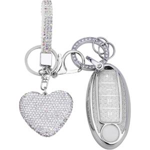 Nissan 4 Buttons Key fob Cover with Diamond Heart Keychain, Car Accessories TPU for Murano Sentra Altima Rogue Kicks Armada Pathfinder, Clear