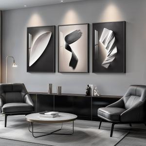 Framed Large Modern Black and White for Living Room Abstract Wall Art, Bright Style 3 Piece Wall Decor, Artwork for Walls, Paintings Pictures for Hallway, Dining, Office 24x36 Inch (36" H x 72" W, Black and White Bright Style)