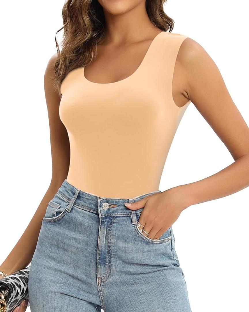 MANGOPOP Sleeveless Bodysuit For Women Scoop Neck Double Lined Tank Top Body Suit Basic Fitted Summer Going Out Tops (Beige, XL)