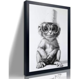 Orvannaatr Monkeys wearing glasses - black and white cartoon illustration Fun home decor canvas print with frame Suitable for bedrooms, kitchens and bathrooms Frameed animal art piece