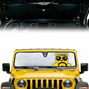 Windshield Sun Shade for Jeep Wrangler TJ LJ JK JL JLU & Gladiator JT, Reflective Front Window Sun Visor Blocks UV Foldable Sunshade, Gladiator Wrangler Rubicon Sahara Accessories(Funny Bear)