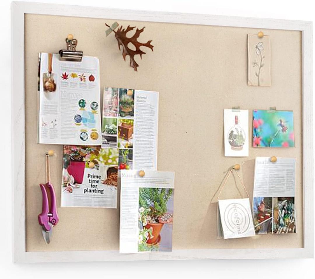 Miratino Large Bulletin Board 23x18 inch with Linen Cork Boards Wall Decor Hanging Pin Wood Framed Display Bulletin Cork Photo Picture Board Light for Room School Office 20-Pushpin Vintage White, 23"x18"-1 Pack