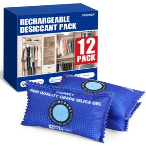 FURWEY 12 Pack Rechargeable Desiccant Packs, 100g Each, Blue, Color Indicating Silica Gel Dehumidifier Bags for Storage, Closets, Cars, Bins