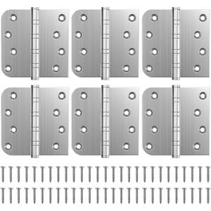 KOLET Ball Bearing Door Hinges, 4 x 4 Inches Door Hinges, Heavy Duty Stainless Steel Hinges, Square and 5/8'' Radius Corner, Smooth and Quiet, Non Removable Pin, Brushed Nickel, 6 Pack