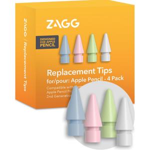 ZAGG Replacement Tips for Apple Pencil 1st Gen, 2nd Gen, & USB-C - Pack of 4, Smooth Writing, Perfect Friction, Pastel Pink, Blue, Green, & White