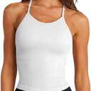LASLULU Womens Sports Bra Seamless Long Crop Tank Racer Back Spaghetti Strap Workout Yoga Bra Padded Halter Neck Casual Tops size S, White