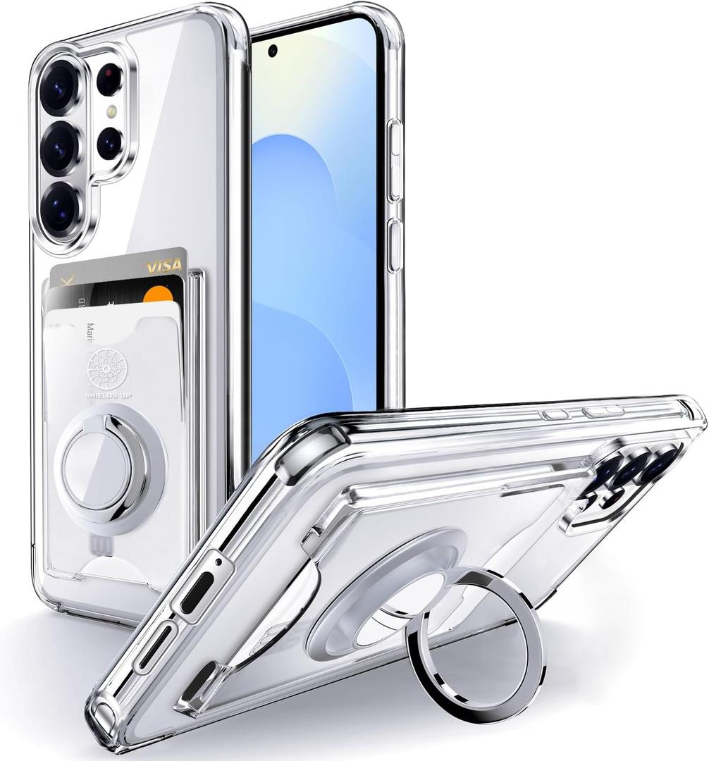 Shields Up for Samsung Galaxy S26 Ultra Case, Minimalist Wallet Case with Card Holder (3 Cards) & Ring Stand/Kickstand, [Drop Protection] Slim Protective Cover for Samsung Galaxy S26 Ultra, Clear