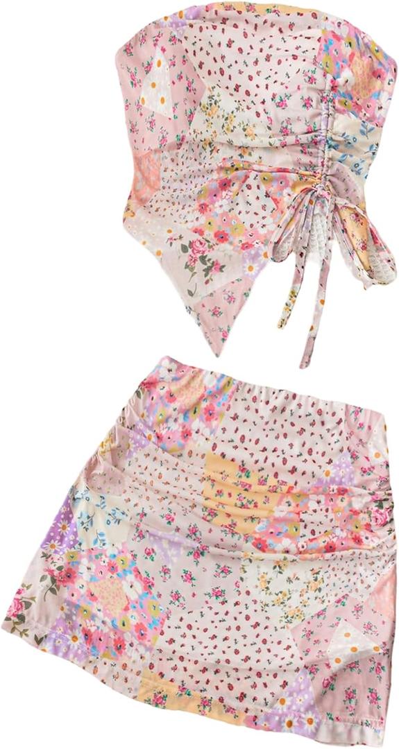GORGLITTER Women's Floral Print Two Piece Sets Outfits Mesh Strapless Asymmetrical Tube Top and Bodycon Mini Skirt Sets (Pink, M)