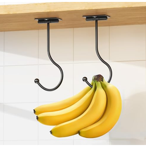 Set of 2 Josmimic Modern Banana Hanger Hook Under Cabinet: Adhesive Banana Holder, Foldable with Magnets When Not in Use, Under Counter Banana Hook, Stainless, Hold 13 LB, Black, 2 Pack