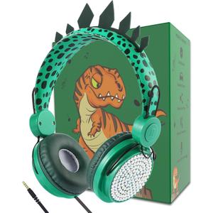 Kids Headphones,Dinosaurs Wired Headsets for Boys&Girls,Built-in Mic&On/Over Ear HD Stereo for Online Study/School/Tablet with Nylon Cable (Green)