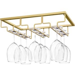 Nuovoware Wine Glass Rack - Under Cabinet Stemware Wine Glass Hanger Rack Holder for Bar Kitchen Cabinet, 3 Rows - Gold