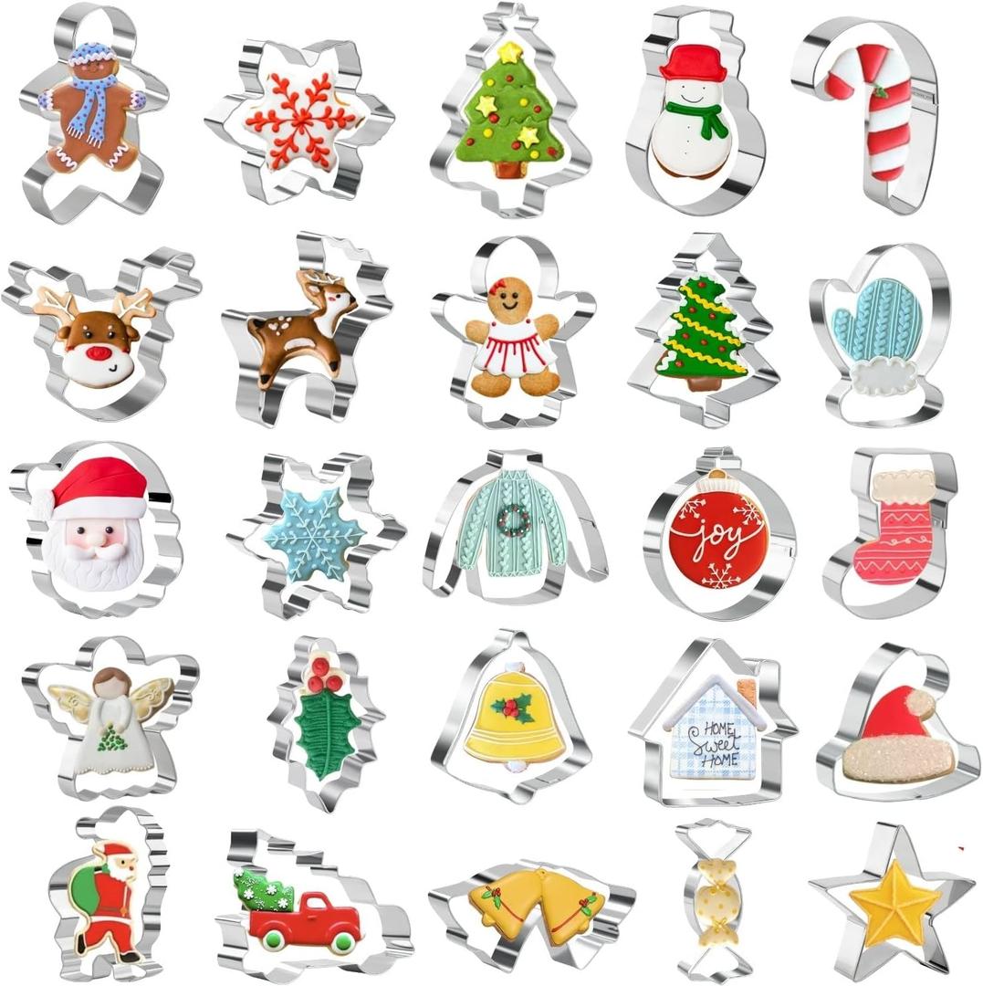 Christmas Cookie Cutters Set of 25 - Stainless Steel Christmas Biscuit Cutter Snowman, Gingerbread Man, Snowflake, Christmas Tree, Beer & More Shapes For Baking Xmas