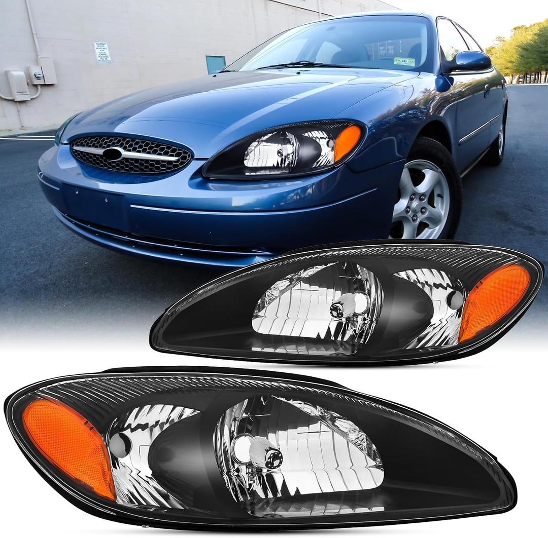 2PCS Headlights Assembly Set For 2000 2001 2002 2003 2004 2005 2007 2007 Ford Taurus SE SEL LX SES Sedan Wagon Replacement Headlamps Black Housing Amber Reflector FO2503169 FO2502169