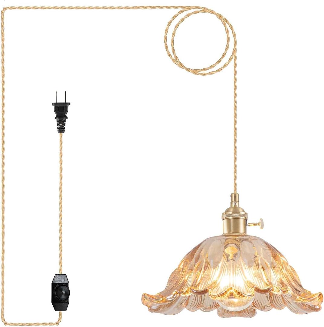 Plug in Pendant Light Fixtures,Hanging Light Fixture Flower Amber Glass Pendant Light 11 inch E26 Pendant Lighting for Kitchen Island, Bedroom, Dining Room, Living Room