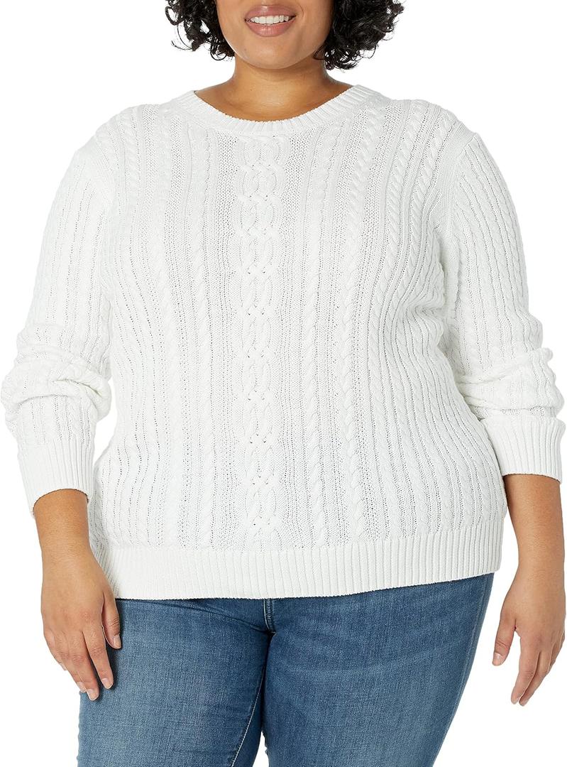 Amazon Essentials Women's Soft Fisherman Cable Long-Sleeve Crewneck Sweater (Medium, White)