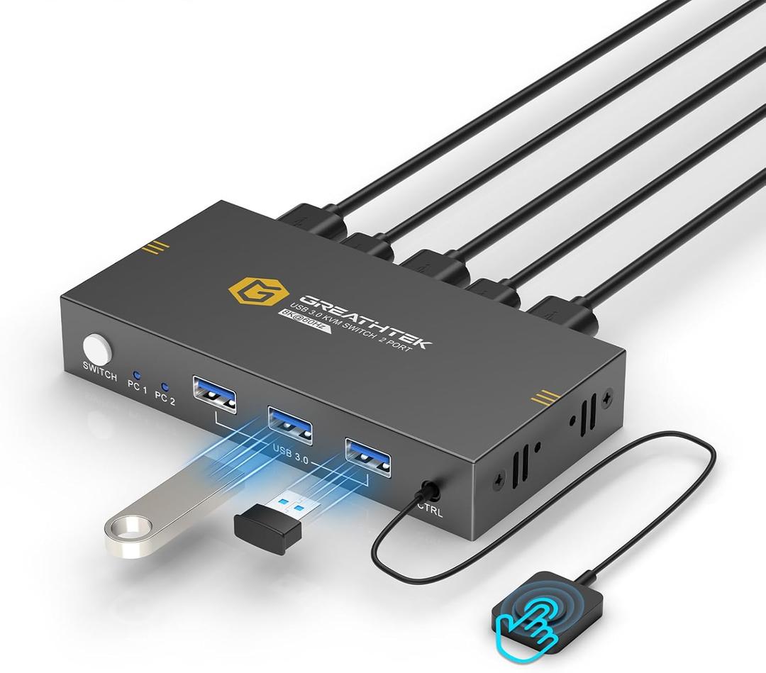 KVM Switches 2 Port 8K@60Hz, GREATHTEK KVM Switch HDMI Share USB Devices with 3 USB3.0 Hubs, 2 Computers 1 Monitor Share Keyboard Mouse Printer, Button Switch Desktop Remote Control, Plug and Play