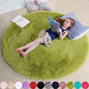Grass Green Round Rug 4Ft for Bedroom, Fluffy Shag Circle Area Rugs for Kids Room Classroom Nursery, Cool Living Room Decor Aesthetic, Cute Fuzzy Moss Floor Carpet for Preppy Dorm Apartment, Circular