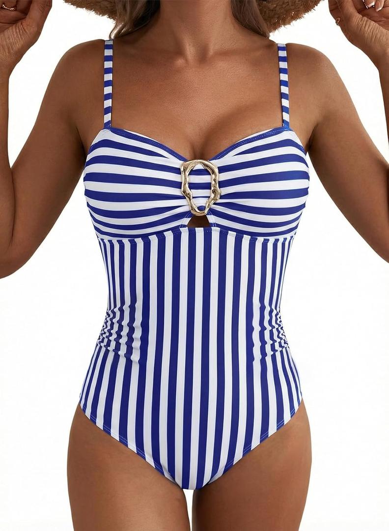 Aleumdr Womens Striped One Piece Swimsuit Tummy Control Bathing Suit with Metal Ring Cutout Swimwear (Large)