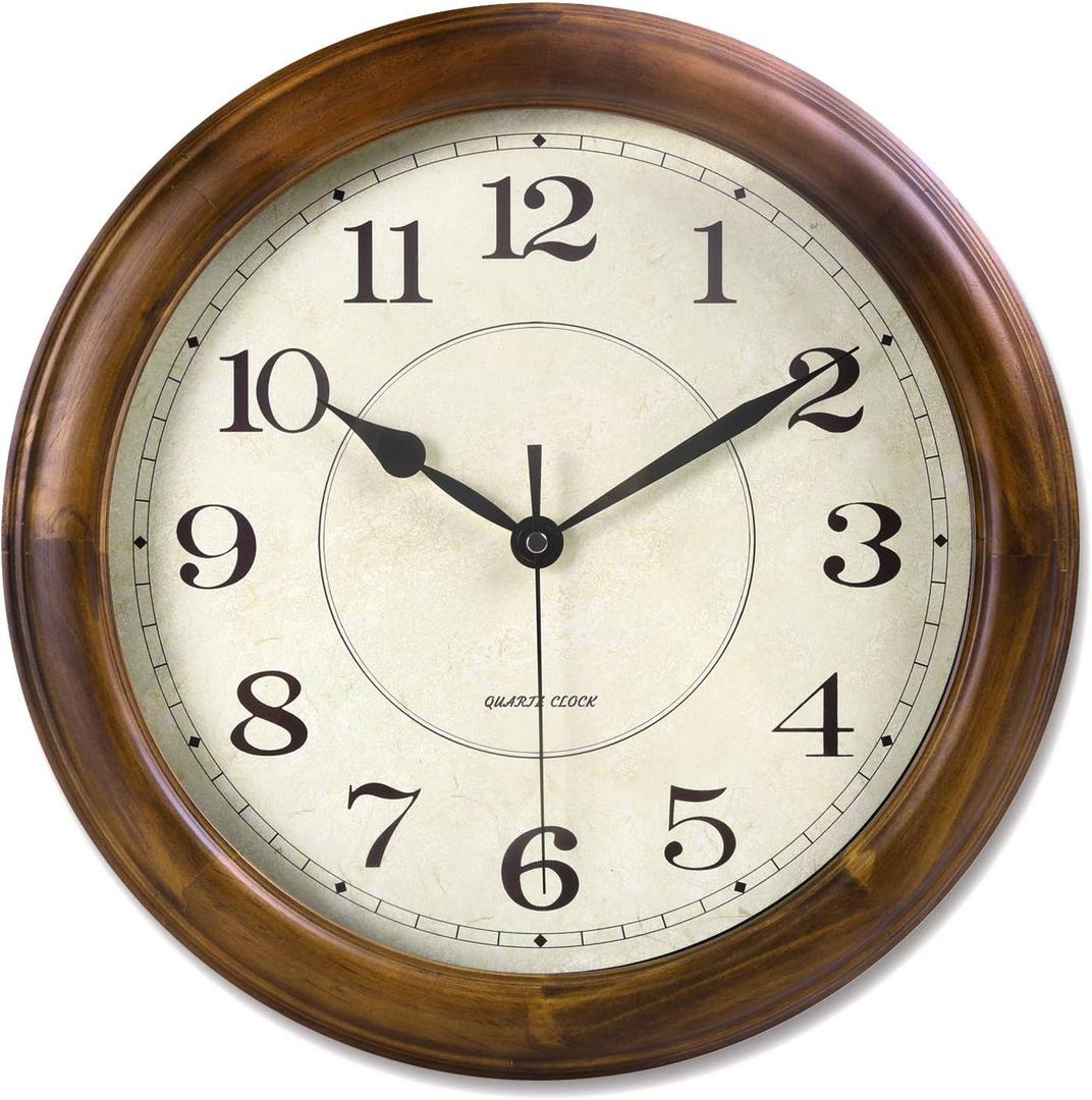 Kesin Wall Clock Wood 14 Inch Silent Wall Clocks Large Decorative Battery Operated Non Ticking Analog Retro Clock for Living Room, Kitchen, Bedroom (Brown)