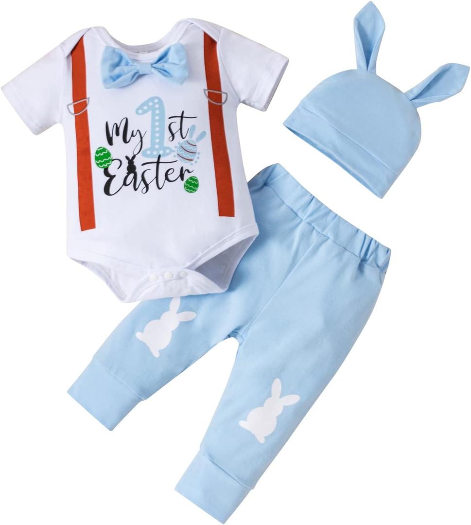 Fairy Baby Infant Baby Boy My First Easter Day Gentleman Outfits Newborn Bow Tie Romper Bunny Pant Clothes Set with Hat 0-18M (0-3 Months, Blue Egg)