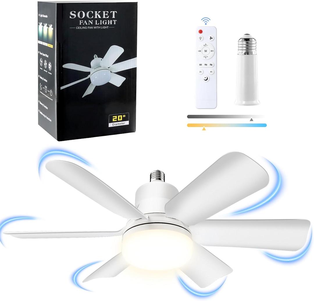Socket Fan Light with Remote, 20" Screw in Ceiling Fan in Light Socket with Extender & 6 Blades for Bedroom, Kitchen, White
