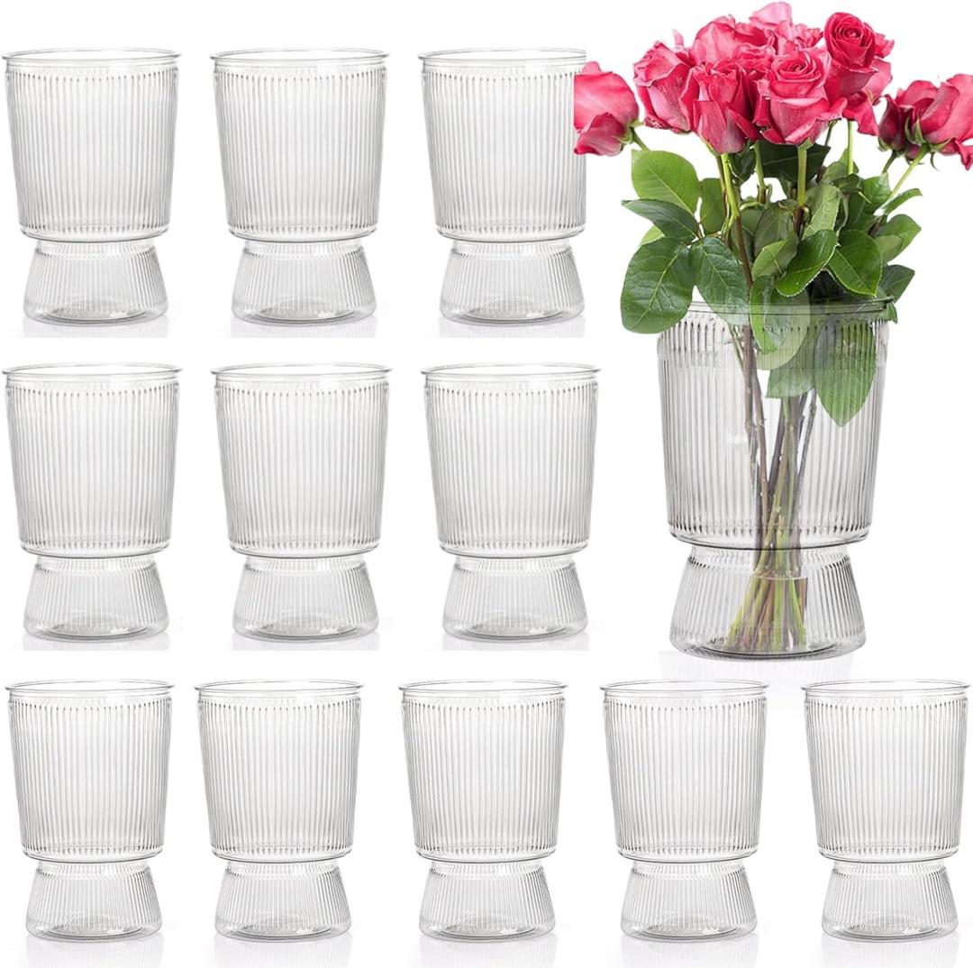 12 Pack Clear Plastic Flower Vases, 6.3" Ribbed Fluted Glass-Like Vase, Decorative Modern Ripple Hydroponic Plant Vase with Base for Table Centerpieces Home Decor Office Wedding Decoration