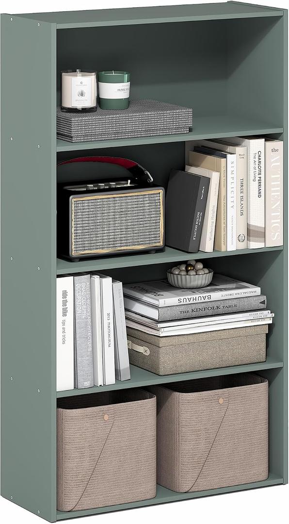 Furinno PASIR Book Shelf, 3-Tier Bookshelf, Storage Shelves Bookcase, 9.7 x 23.7 x 31.5, for Living Room, Bedroom, Home Office, Sage Green, 4-Tier, 9.4 x 23.6 x 42