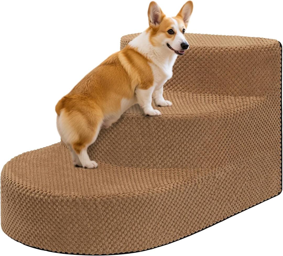 Dog Stairs for Small Dogs, Foam Steps for Small Dogs & Cats, 3 Steps Dog Ramp for High Beds, Couch, Window, Sofa, Pet Stairs with Removable Washable Cover, Non-Slip Sturdy Pet Steps, Khaki