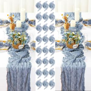 2 Cheesecloth Table Runners and 24 Napkins Set, 10Ft Boho Cheese Cloth Table Runners 20 x 20 Inch Rustic Wrinkled Gauze Napkins for Wedding Birthday Baby Shower Party Decor (Dusty Blue)