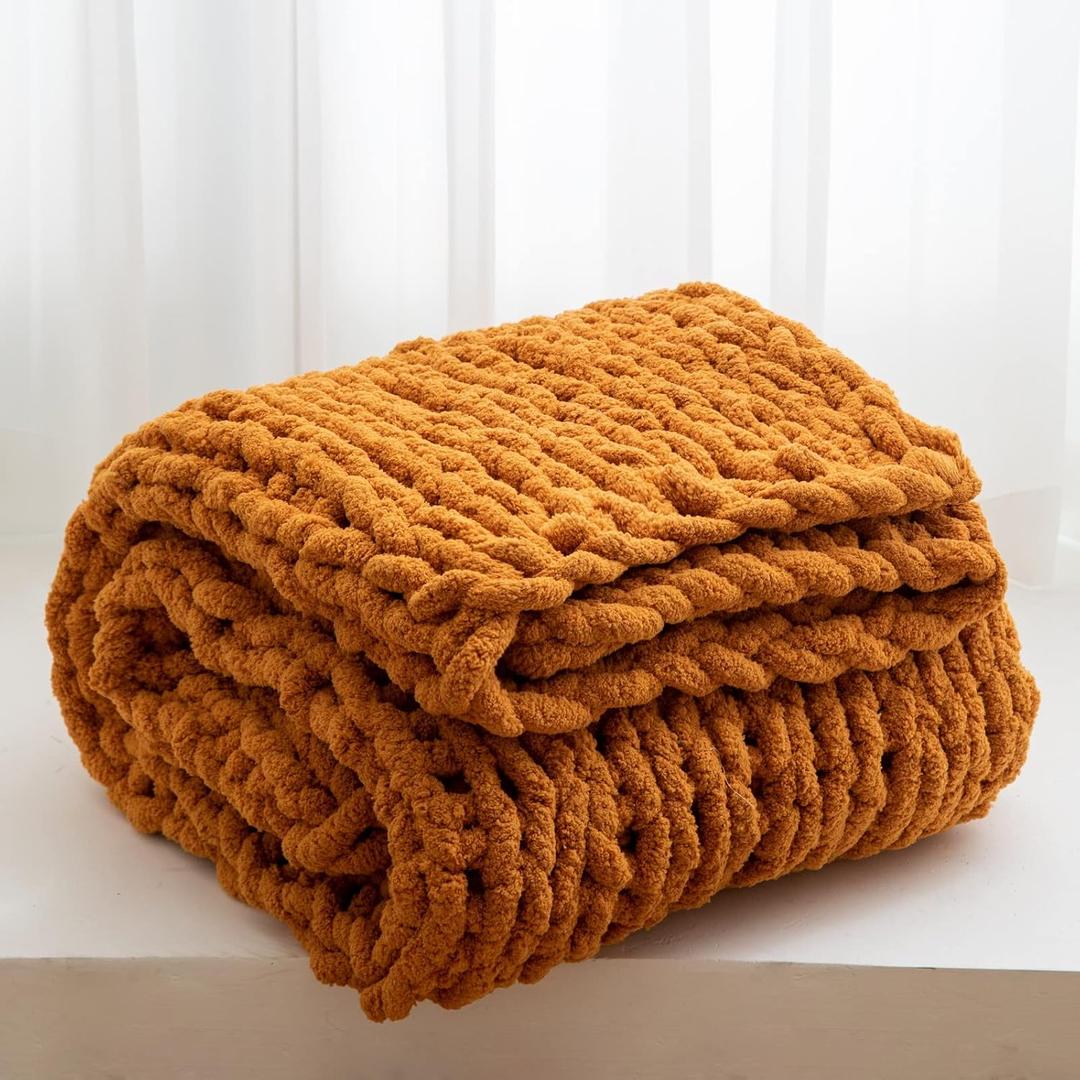 WESHIONGOO Chunky Knit Blanket Throw 51"63" Knitted Throw Blankets for Couch Bed Fall Throw Blanket Fluffy Soft Blanket with Jumbo Chenille Yarn Thick 100% Handmade (Burnt Orange), 51"x63"