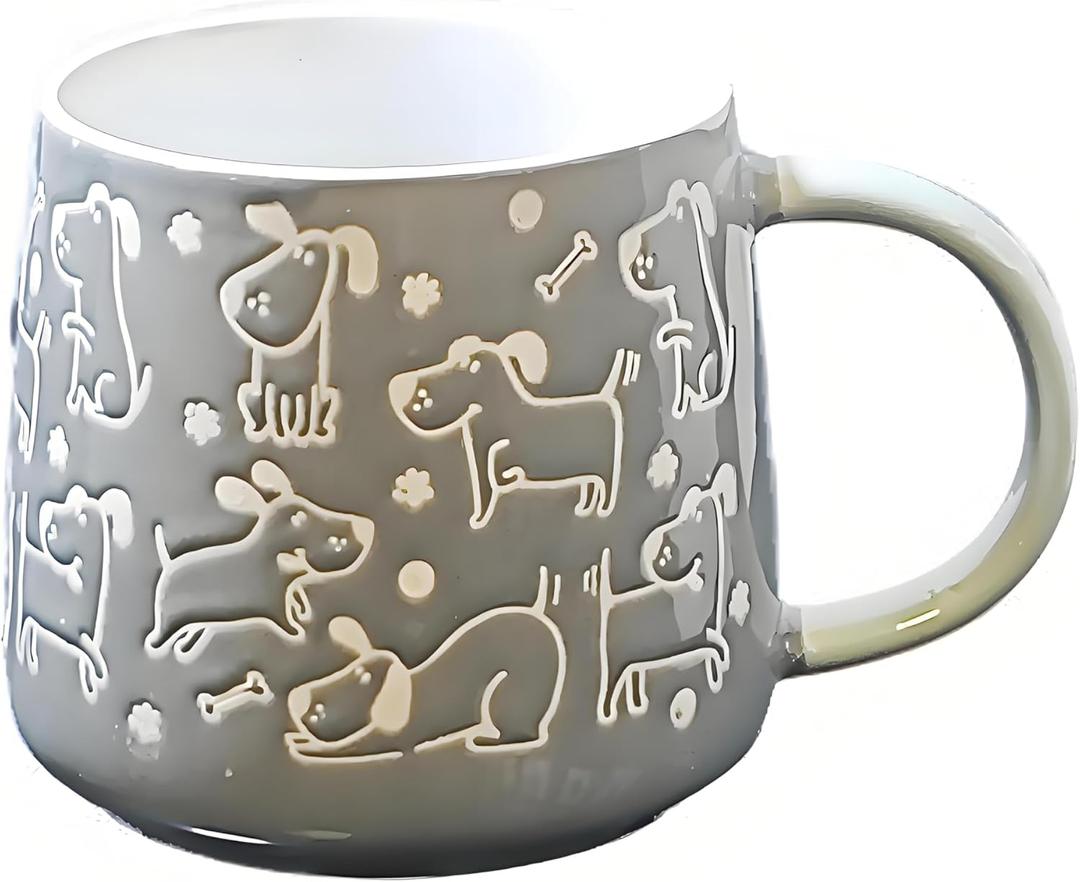 2 Pack HAONUO 15 oz Ceramic Coffee Mug Gray Embossed Dog Design Cup, Cute Cartoon Puppy Mug for Coffee, Tea, Milk or Cocoa, Animal Lover Gift for Home, Office or Pet Owners