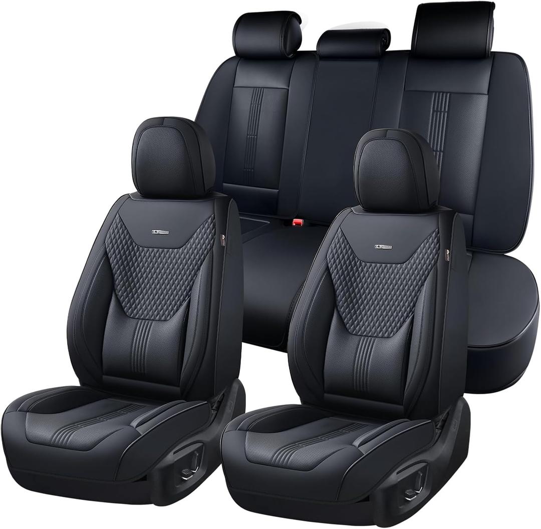 Coverado Car Seat Covers Full Set, Front Seat Covers with Lumbar Support and Back Seat Cover Waterproof Leather Automotive Seat Cover, Universal Car Interior Protectors Cushion for Most Cars (Black)