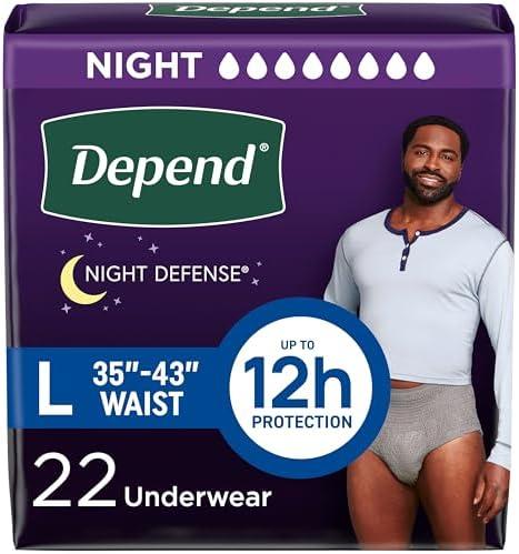 Depend Night Defense Adult Diapers, Incontinence Underwear for Men, Disposable, Overnight, Large, Grey, 22 Count, 2 Pack