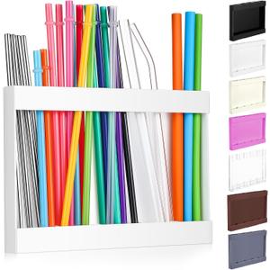 Acrylic Straw Holder for Cabinet Door with Double Sided Adhesive Tape Reusable Straw Organizer Tumbler Storage Kitchen Accessories Container for Counter Cupboard(Classic,Large,White)