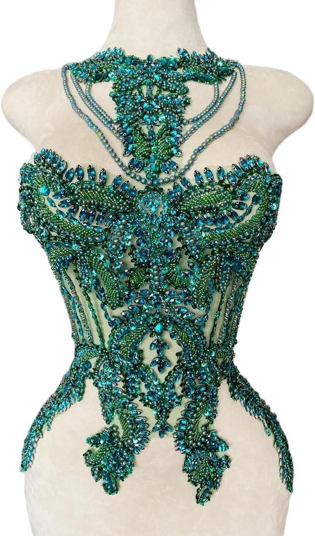 Handmade Crystal on lace Applique Sewing Rhinestones Fringe Beads Sequins Patches Trim Luxury Decoration Accessories for Wedding Dress 15X23.6inches (Deep green)
