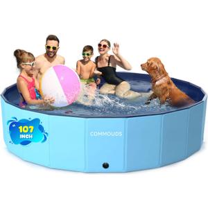 COMMOUDS 107 Inch Foldable Dog Pool, Extra Large Collapsible Hard Plastic Dog Kiddie Swimming Pool, Portable Pet Bath Tub Wading Pools for Kids and Puppy Small Medium Large Dogs (Blue)