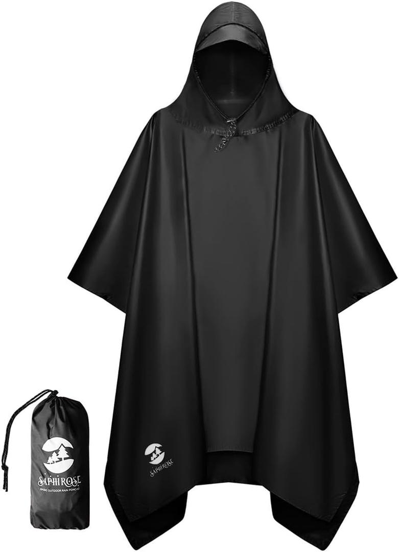 SaphiRose Hooded Rain Poncho Waterproof Raincoat Jacket for Men Women Adults (One Size, Black)