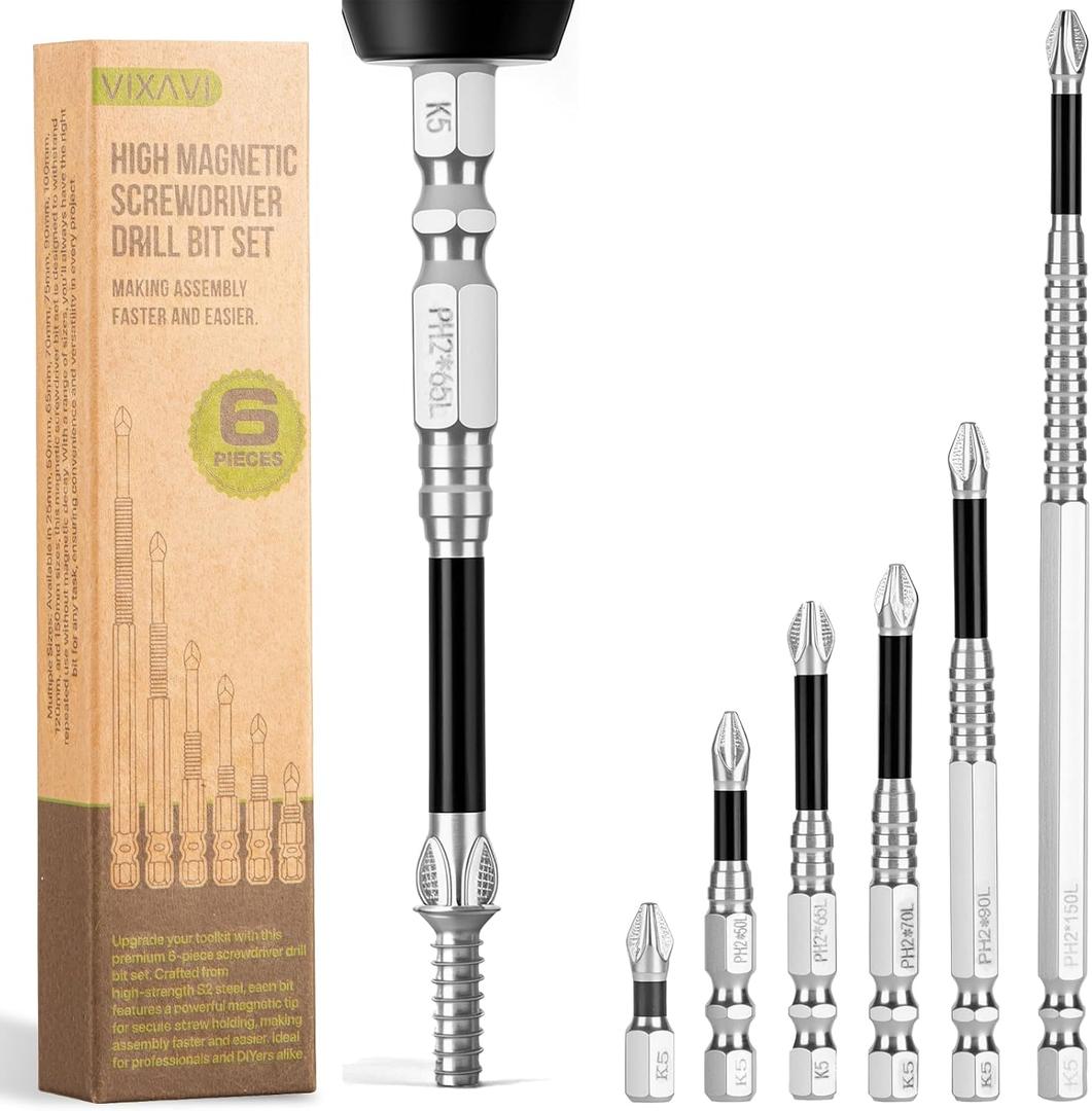 High Magnetic Screwdriver Drill Bit Set – Magnetic Screwdriver Bits for Electric Drills – Precision Fit Magnetic Drill Bit Set for Furniture Assembly, Repairs, and Maintenance – 6 Sizes for Use