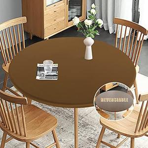 Obstal Fitted Round Table Cloth, Reversible Waterproof Stain Resistant Elastic Stretch Tablecloth, Wipe Clean Table Cover for Outdoor/Indoor Use, Fits Round Tables 36" (Round) Diameter, Coffee
