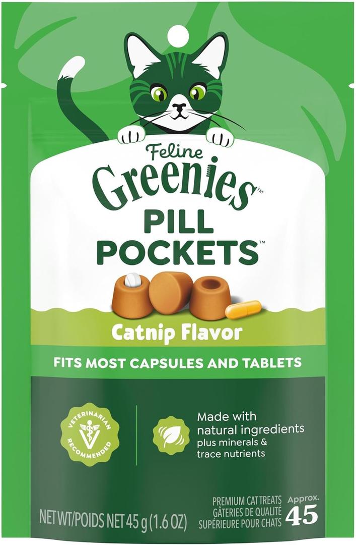 Greenies Feline Pill Pockets for Cats Natural Soft Cat Treats, Catnip Flavor, 1.6 oz. Pouch (45 Treats) (EXP 01/26/29)