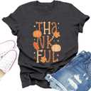 Thanksgiving Shirts for Women Thanksgiving T-Shirt Thankful Pumpkin Leaf Tee Tops (Small, Grey)