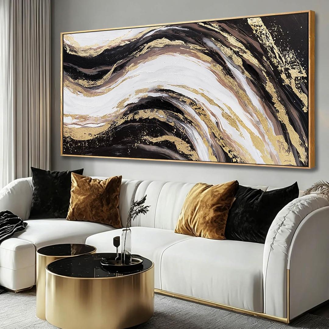 Framed Abstract Wall Art,Black White Gold Luxury Modern Canvas Prints Paintings Artwork for Walls, Pictures for Entryway Hallway Living Room Dining Bedroom Wall Decor 29"x58"