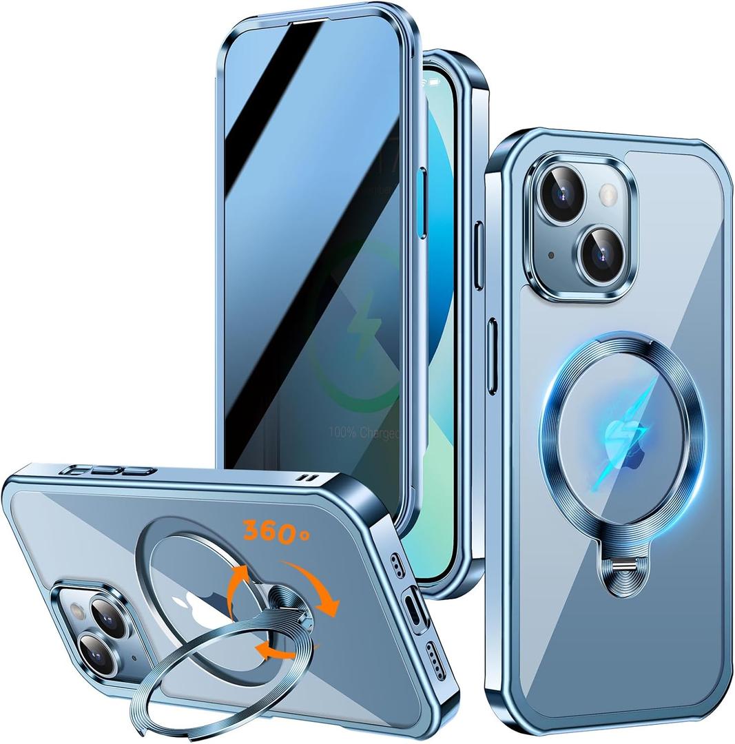 Upholyee [360 Rotatable CD Stand & Built-in Privacy Screen Magnetic Case for iPhone 13 [Compatible with MagSafe & Full Signal] Mil-Grade Shockproof Full Body Anti-Spy Cover for 13-Sierra Blue