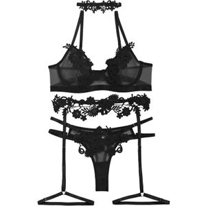 Lilosy Sexy Cute Applique Embroidered Underwire Push Up Garter Belt Chocker Lingerie Set (Medium, Black)