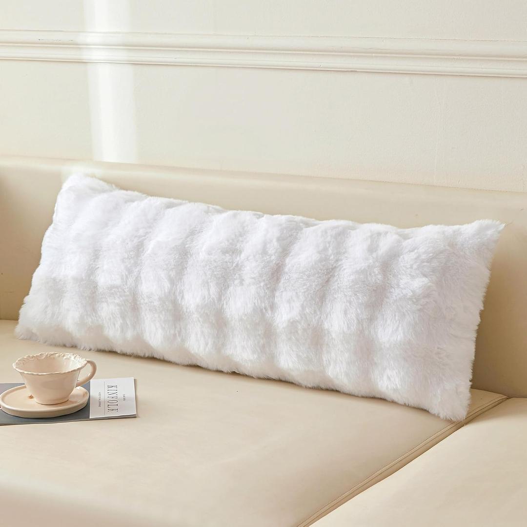 LIFEREVO Faux Rabbit Fur Long Body Lumbar Decorative Pillow Cover, Luxury Plush Shaggy 14x36 Bubble Waffle Cushion Fluffy Pillow Sham with Zipper, Furry Fuzzy Pillowcase for Bed Couch Bench, White