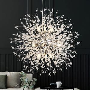 SineRise Modern Crystal Chandeliers Firework, Crystal Light Fixture, Dandelion Chandelier (9-Light, Chrome) for Foyer Hallway Entryway Kitchen Bedroom (Bulbs Not Included)