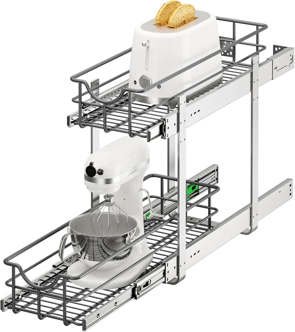 2 Tier Pull Out Cabinet Organizer - 8" W x 22" D Soft Close Slide Out Shelves with Shelf Liners - Pullout Drawers for Kitchen Cabinets, Pantry, Bathroom, Heavy Duty Steel Wire Baskets